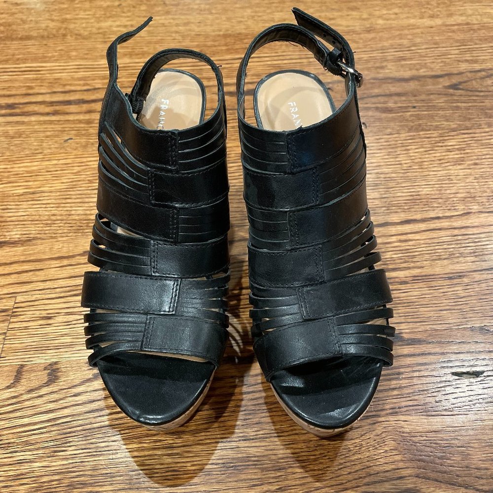 Franco Sarto “SHARP” Black Leather Faux Cork Platform Wedge/Heel/Sandal